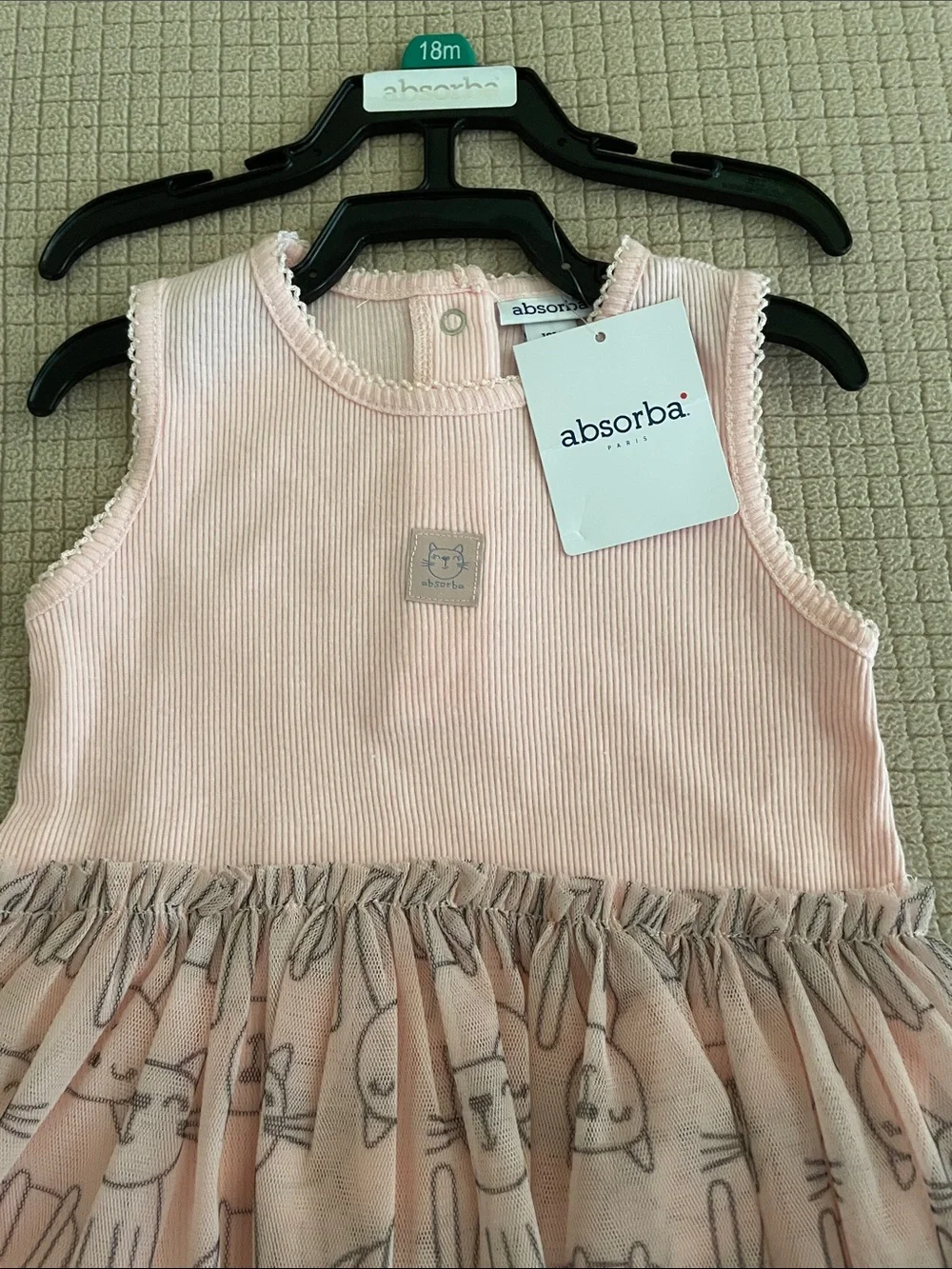 Absorba Pale Pink Cat-Print Tulle Dress 18 Mo. NWT